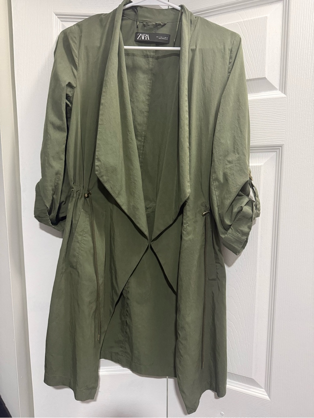 Zara Olive Green Draped Open-Front Trench Coat